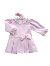 Load image into Gallery viewer, Girls Pink Twill Dress &amp; Hairband Set with Bows