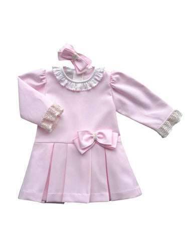 Girls Pink Twill Dress & Hairband Set with Bows