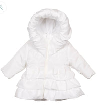 Load image into Gallery viewer, Girls White Padded Winter Coat With Pearls, Frilled Skirt, Bows &amp; Hood.