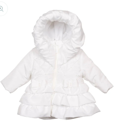 Girls White Padded Winter Coat With Pearls, Frilled Skirt, Bows & Hood.