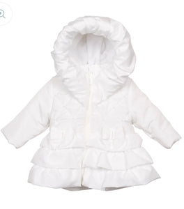 Girls White Padded Winter Coat With Pearls, Frilled Skirt, Bows & Hood.