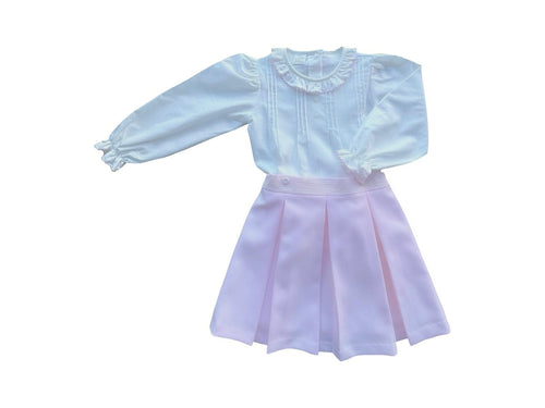 Girls Pink & White Skirt Set with Ruffles & Pleats