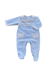 Load image into Gallery viewer, Baby Boys Blue Velour Babygrow - Char-le-maine | Luxury Baby &amp; Children's Wear