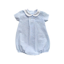 Load image into Gallery viewer, Boys Blue &amp; White Seersucker Stripe Romper - Char-le-maine | Luxury Baby &amp; Children's Wear