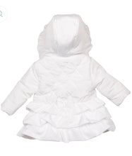 Load image into Gallery viewer, Girls White Padded Winter Coat With Pearls, Frilled Skirt, Bows &amp; Hood.