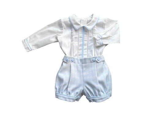 Boys Ivory and Blue Check Shorts Set