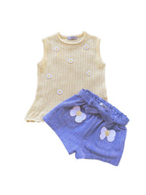 Load image into Gallery viewer, Girls Yellow Cotton Knit Top &amp; Blue Marl Shorts with Daisy Appliqués - Char-le-maine | Luxury Baby &amp; Children's Wear