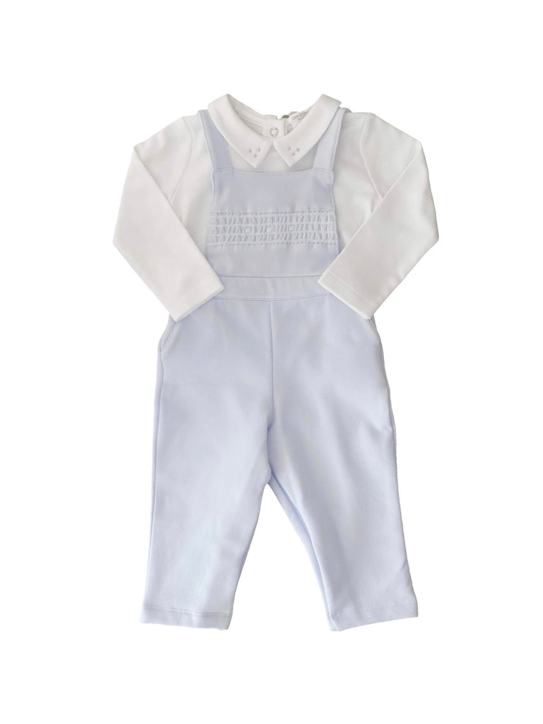 Boys White & Pale Blue Dungaree Set