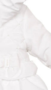 Girls White Padded Winter Coat With Pearls, Frilled Skirt, Bows & Hood.