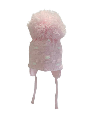 Girls Pink and White Large Pom Pom Hat