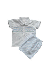 Load image into Gallery viewer, Pretty Originals                               Boys Blue &amp; White Striped Cotton Hand-Smocked Shorts Set