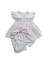 Load image into Gallery viewer, Pretty Originals                    Girls White &amp; Blue Cotton Hand-Smocked Shorts Set