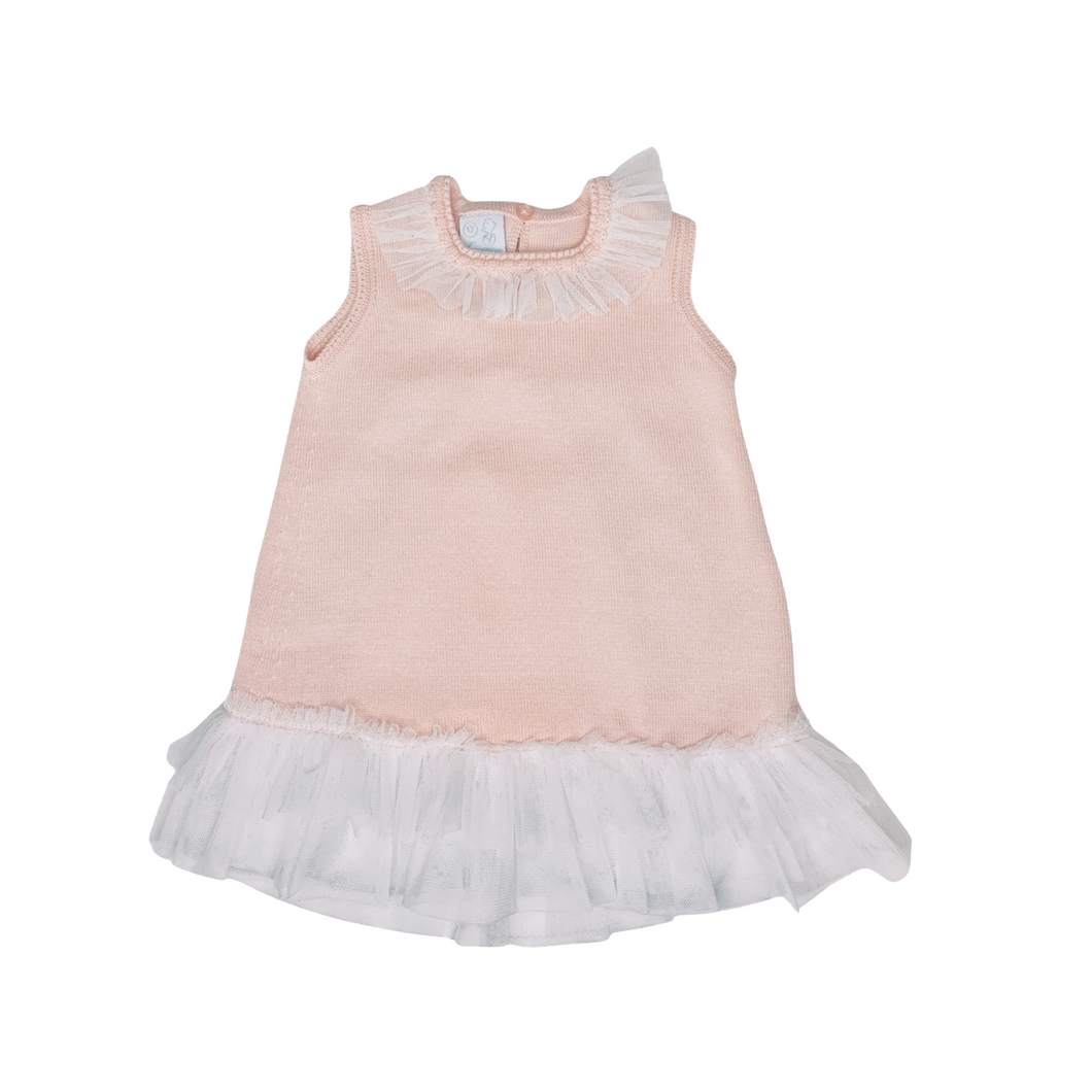 Girls Pale Orange Tulle Knit Dress