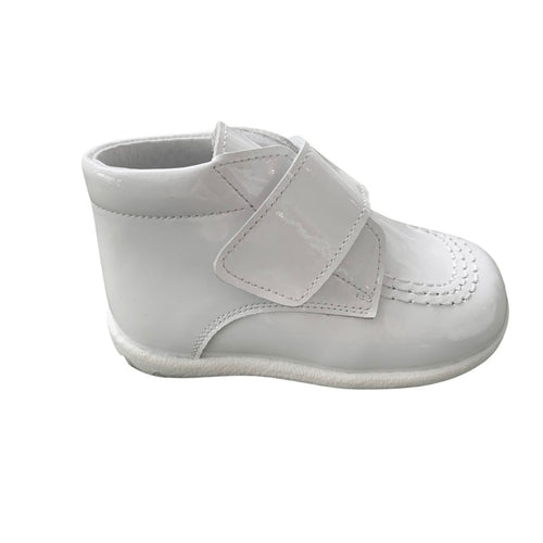 Velcro Strap Leather Boot in White Patent no