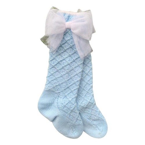 Girls Pale Blue Knitted Tulle Bow Knee High Socks