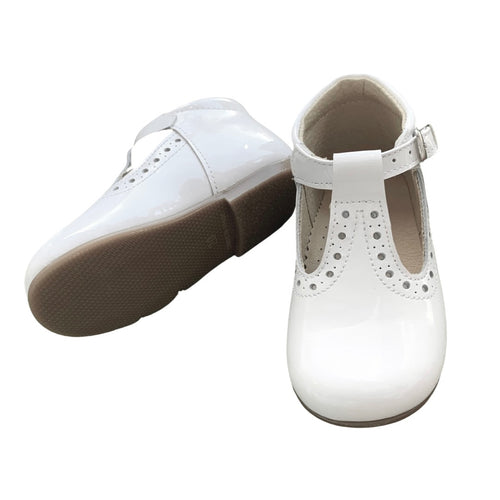Unisex White Patent T-bar Shoe