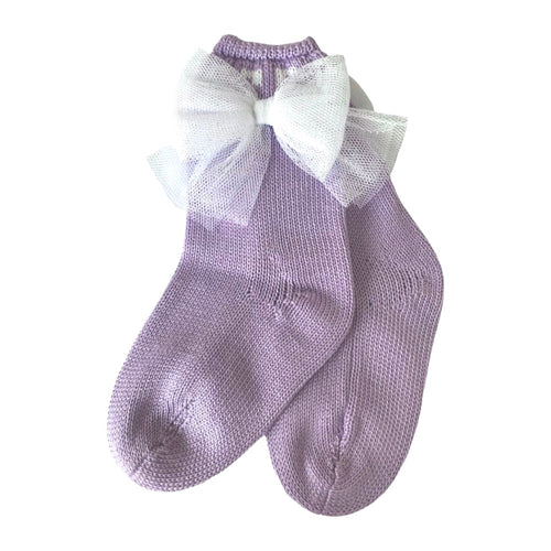 Girls Pale Lilac Knitted Tulle Bow Knee High Socks