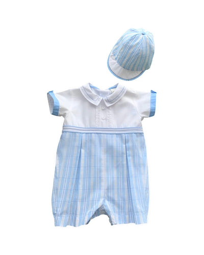 Blue and White Romper and Hat Set