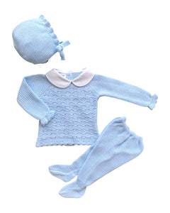 Boys Pale Blue and White Knitted 3-Piece Set